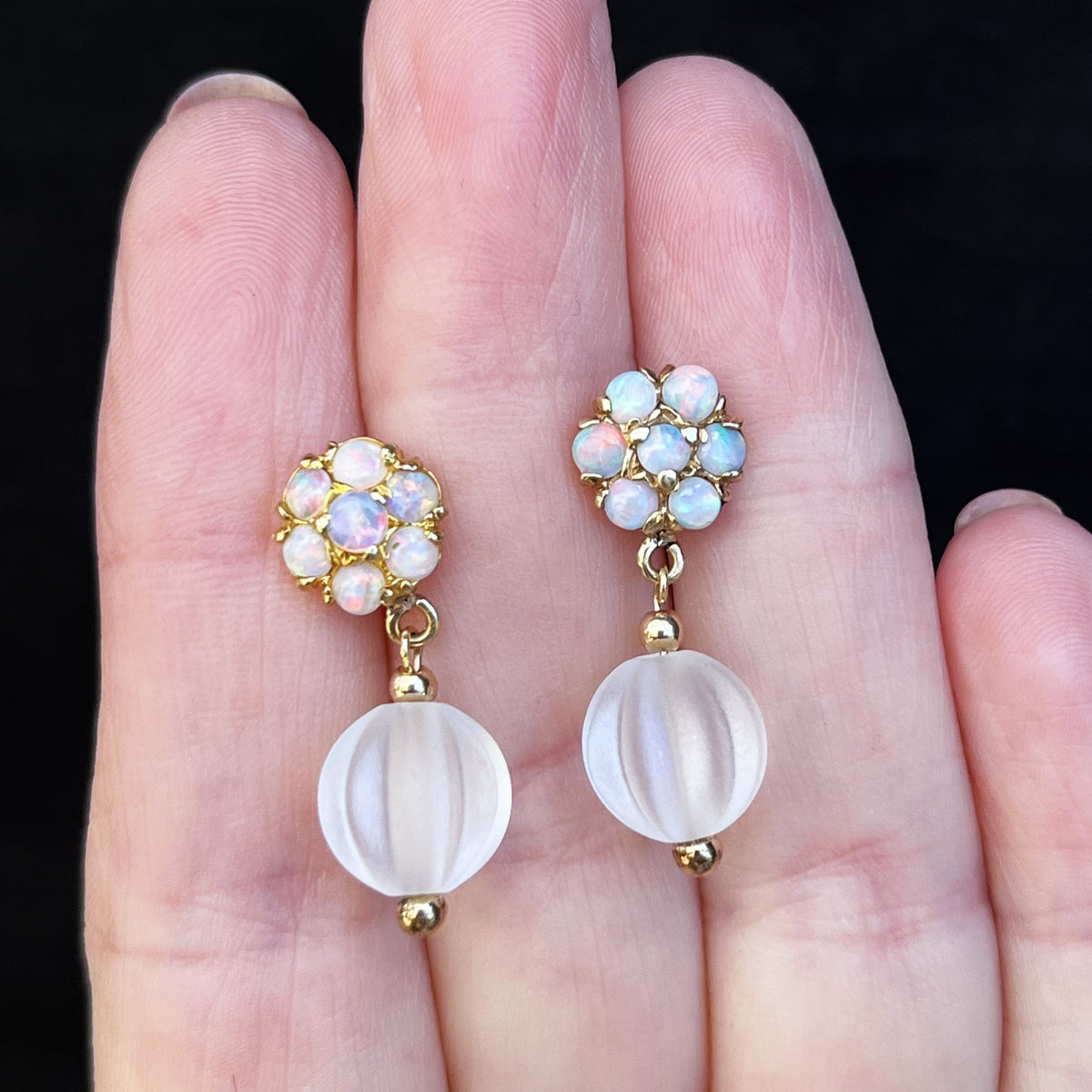 BESPOKE VINTAGE SOLID OPAL &amp; CARVED CAMPHOR GLASS EARRINGS 9ct GOLD