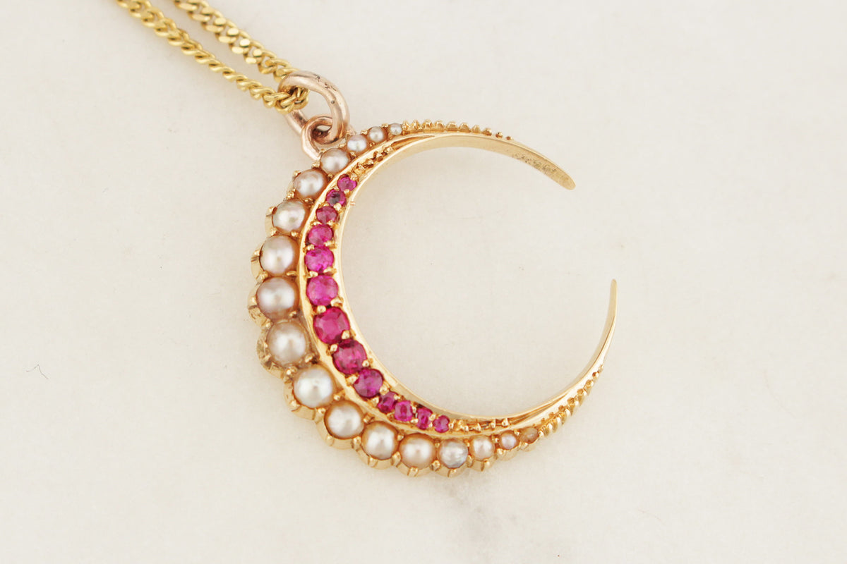 ANTIQUE EDWARDIAN RUBY &amp; SEED PEARL CRESCENT MOON PENDANT 15ct GOLD