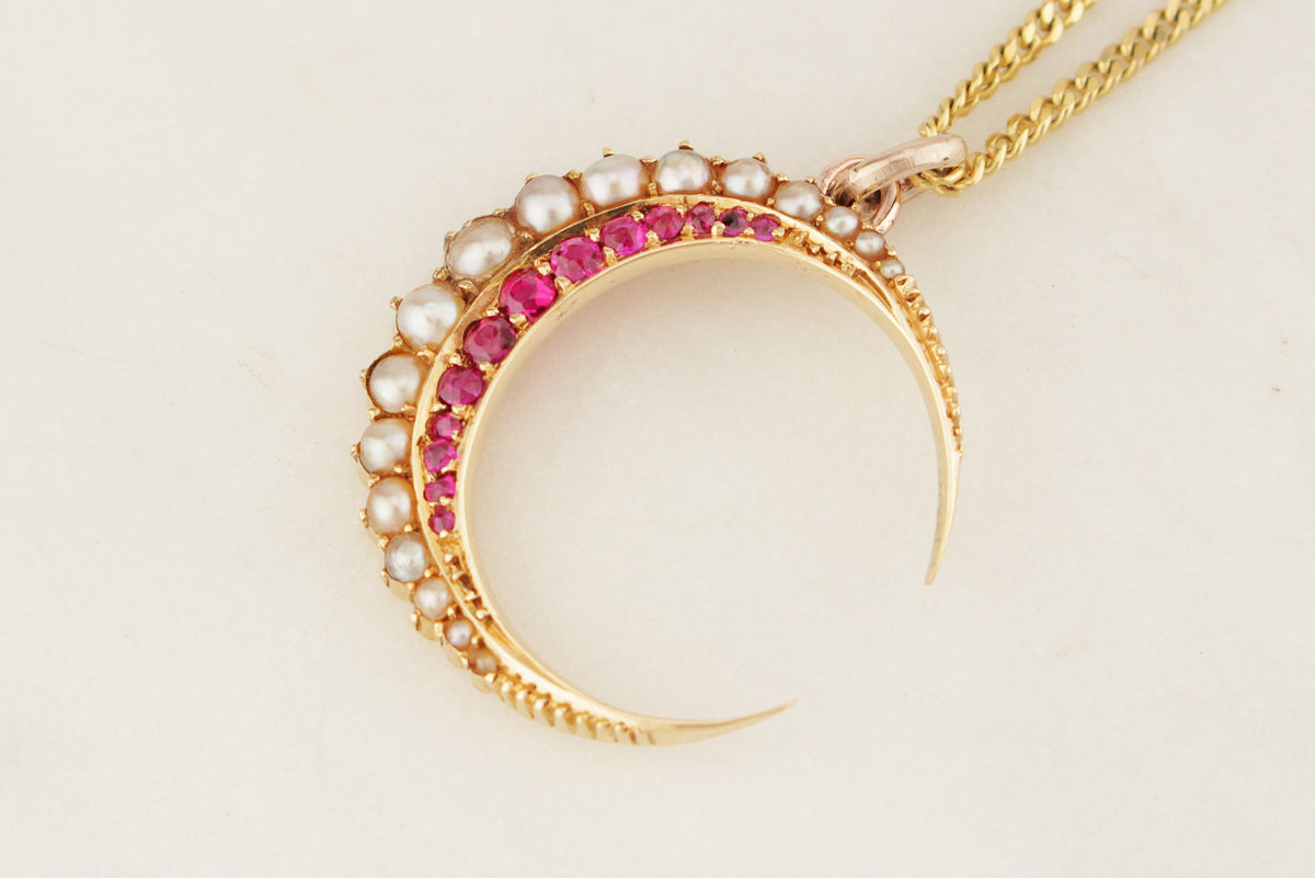 ANTIQUE EDWARDIAN RUBY &amp; SEED PEARL CRESCENT MOON PENDANT 15ct GOLD