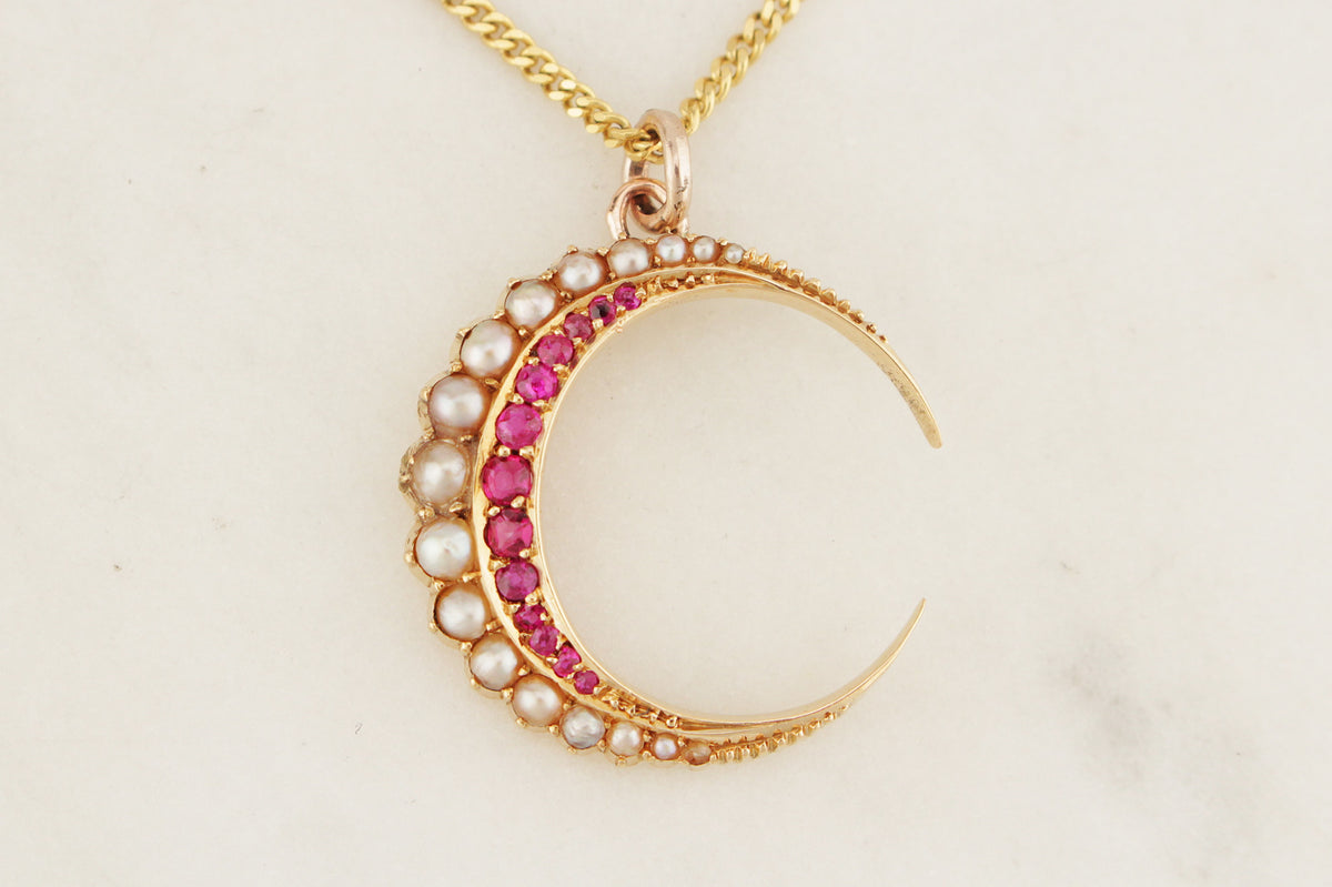 ANTIQUE EDWARDIAN RUBY &amp; SEED PEARL CRESCENT MOON PENDANT 15ct GOLD
