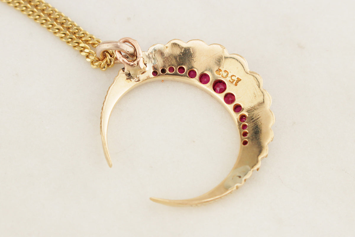 ANTIQUE EDWARDIAN RUBY &amp; SEED PEARL CRESCENT MOON PENDANT 15ct GOLD