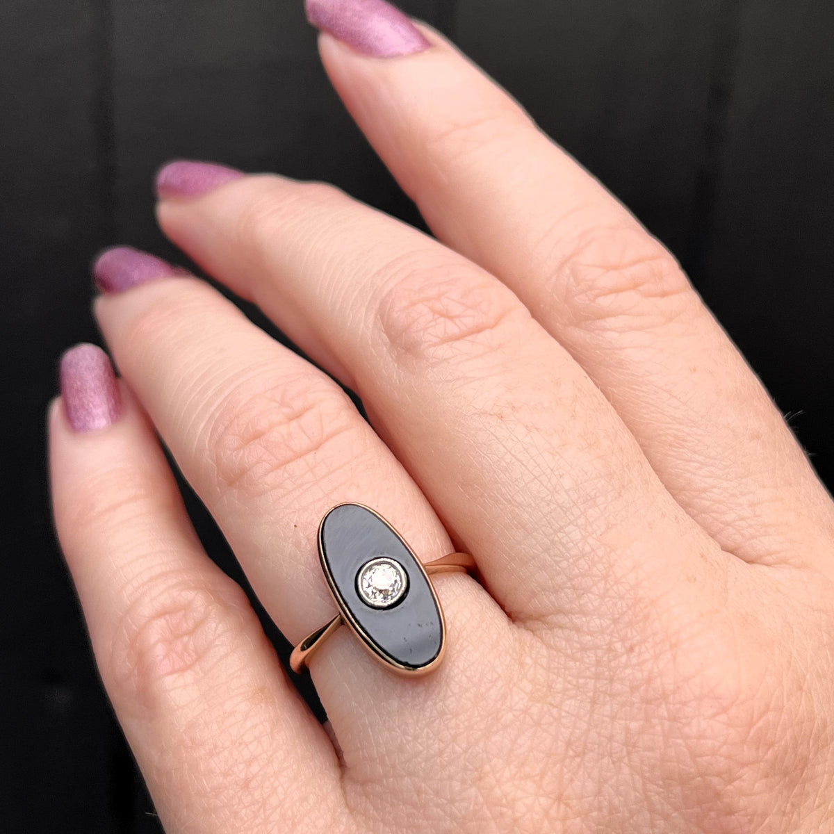 ANTIQUE EDWARDIAN c1900 DIAMOND & ONYX RING 9ct ROSE GOLD