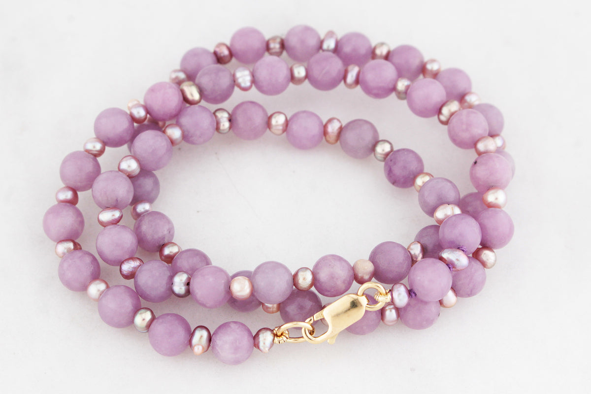 BESPOKE KUNZITE &amp; PEARL NECKLACE 9ct GOLD