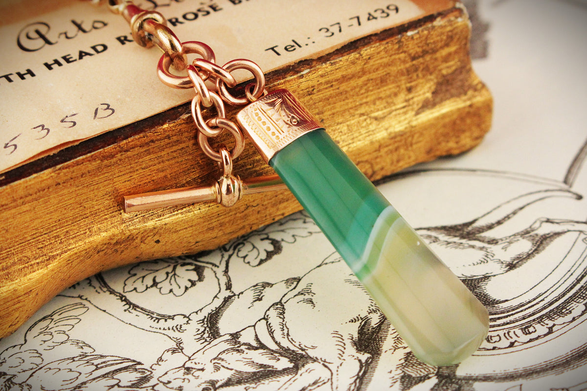ANTIQUE VICTORIAN BANDED AGATE &amp; T BAR FOB PENDANT 9ct GOLD