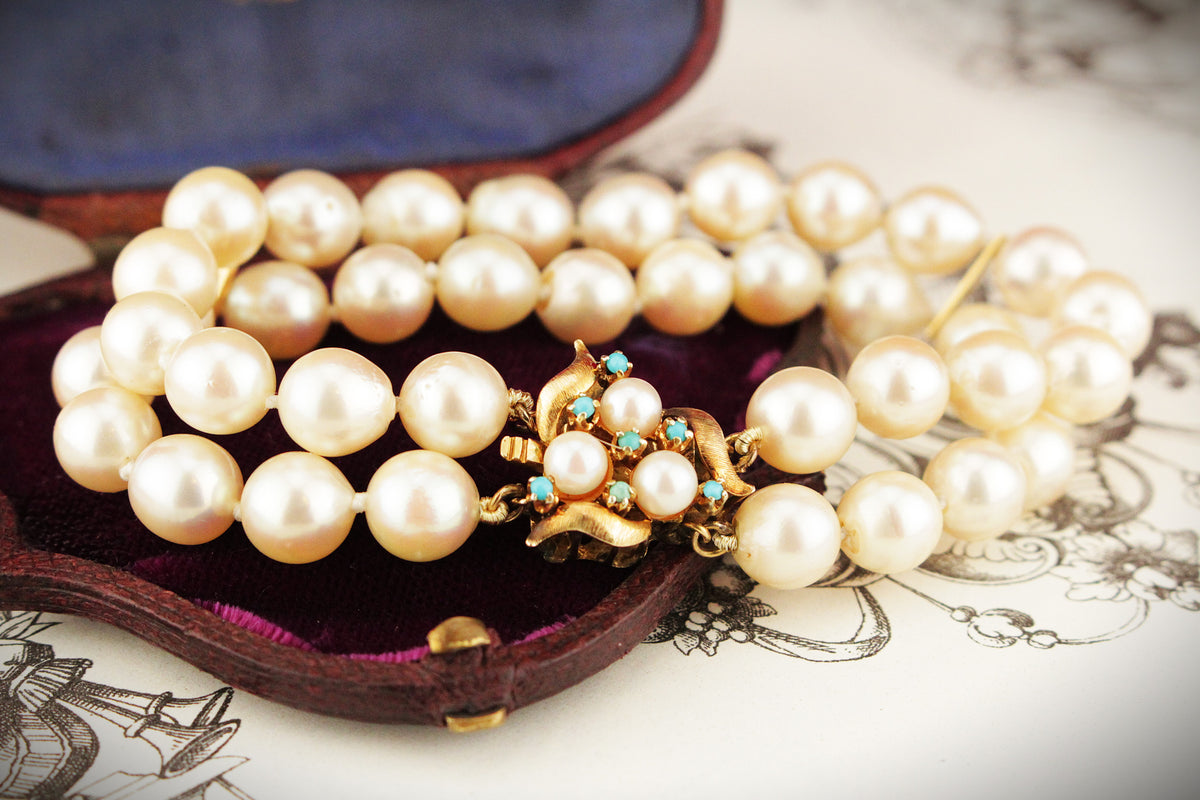 VINTAGE c1960 SEMI-BAROQUE PEARL &amp; TURQUOISE DOUBLE STRAND BRACELET