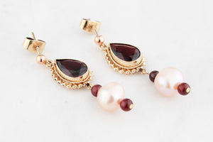 BESPOKE GARNET & PEARL EARRINGS 9ct GOLD