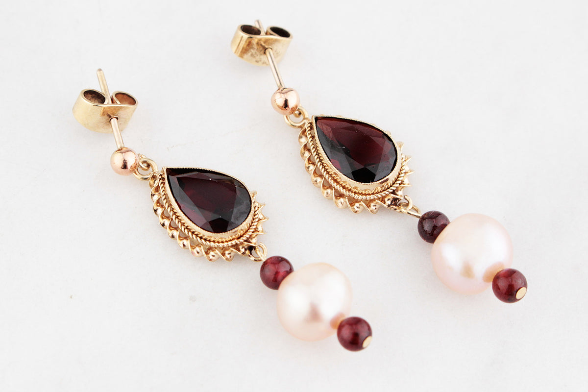 BESPOKE GARNET &amp; PEARL EARRINGS 9ct GOLD
