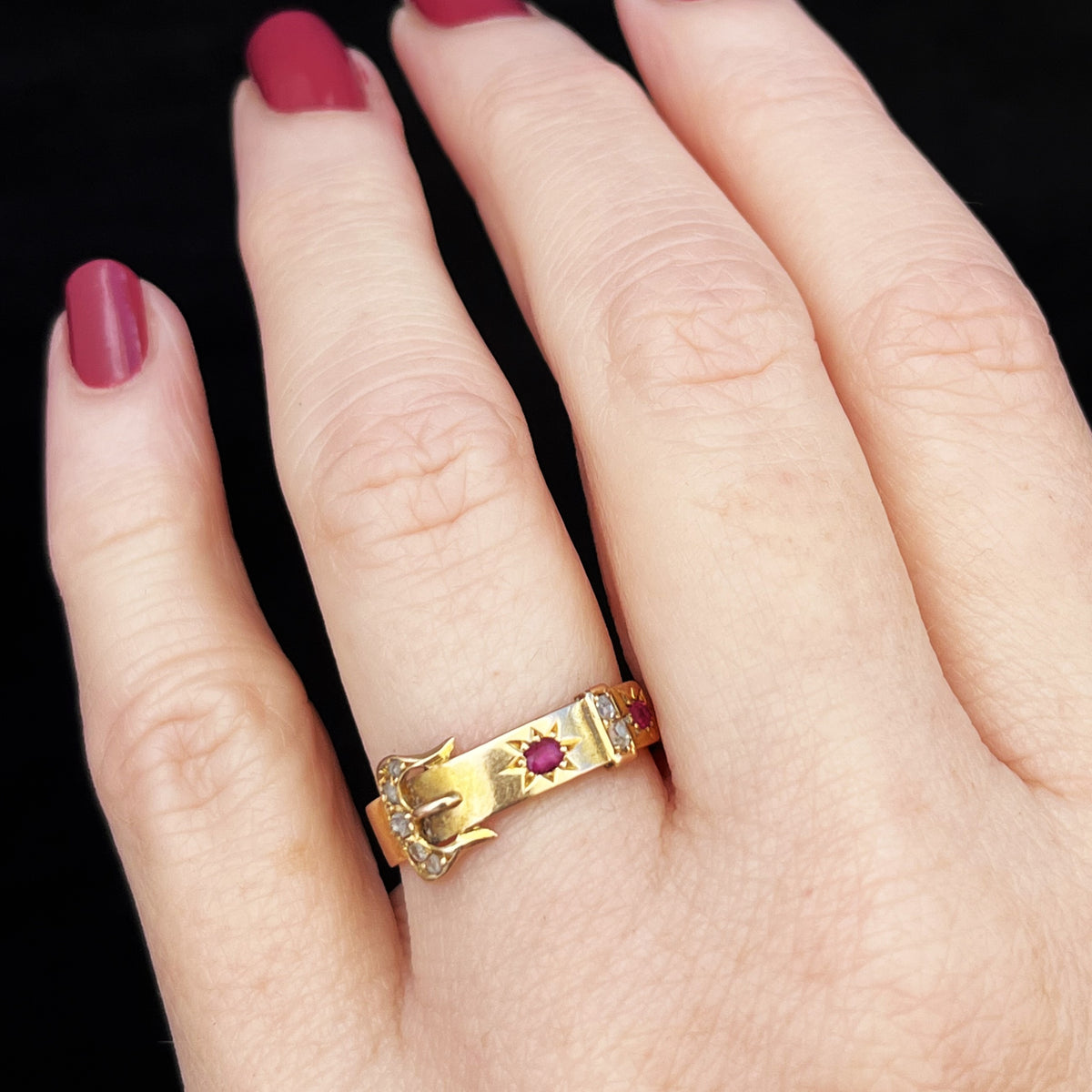 ANTIQUE VICTORIAN 1874 RUBY &amp; DIAMOND BUCKLE RING 15ct GOLD
