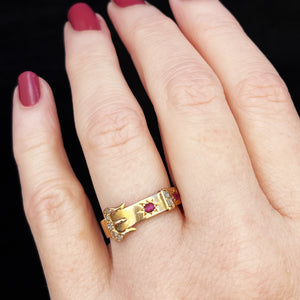 ANTIQUE VICTORIAN 1874 RUBY & DIAMOND BUCKLE RING 15ct GOLD