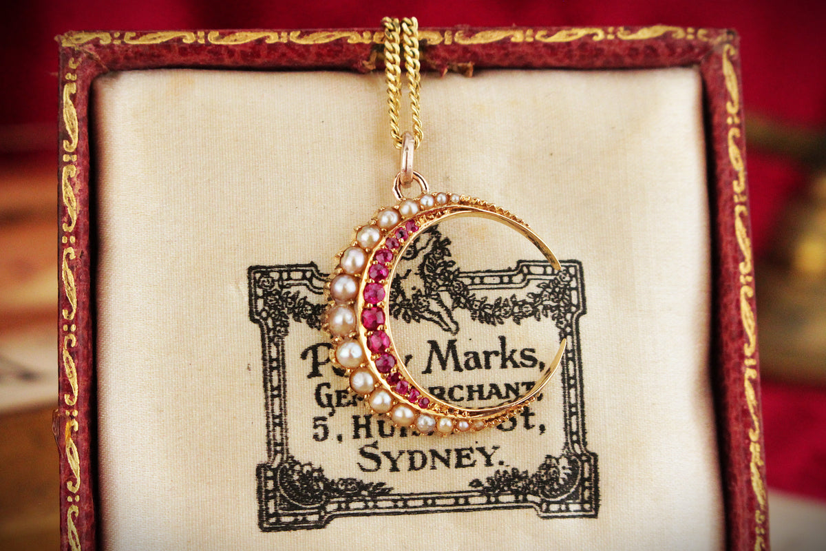 ANTIQUE EDWARDIAN RUBY &amp; SEED PEARL CRESCENT MOON PENDANT 15ct GOLD