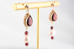 BESPOKE GARNET & PEARL EARRINGS 9ct GOLD