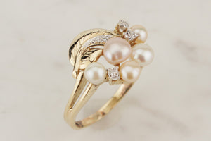 VINTAGE MID CENTURY c1970 PEARL & DIAMOND RING ON 9ct YELLOW GOLD