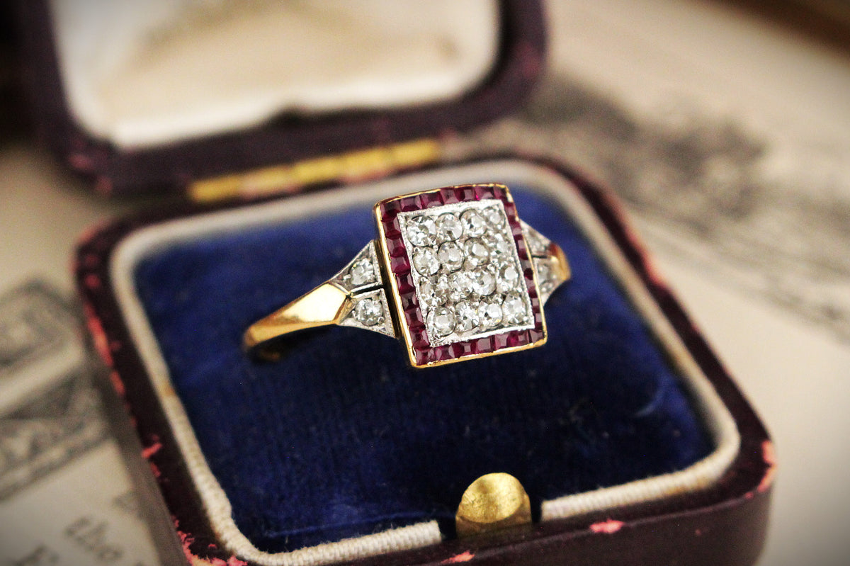 ANTIQUE ART DECO c1920 DIAMOND &amp; RUBY RING 18ct GOLD