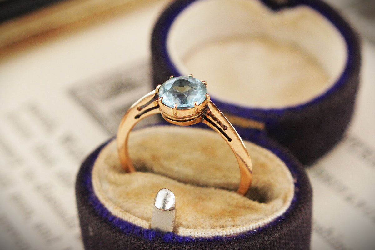 ANTIQUE EDWARDIAN c1910 AQUAMARINE SOLITAIRE RING 15ct GOLD Rock