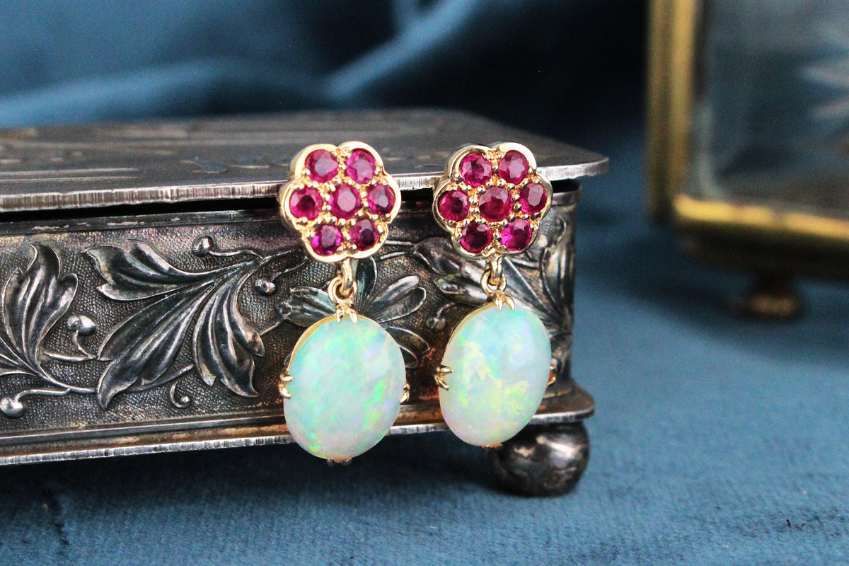 BESPOKE RUBY & OPAL EARRINGS 9ct GOLD