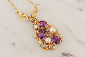 VINTAGE MID CENTURY c1960 AMETHYST & PEARL PENDANT ON 9ct YELLOW GOLD