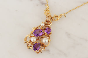 VINTAGE MID CENTURY c1960 AMETHYST & PEARL PENDANT ON 9ct YELLOW GOLD