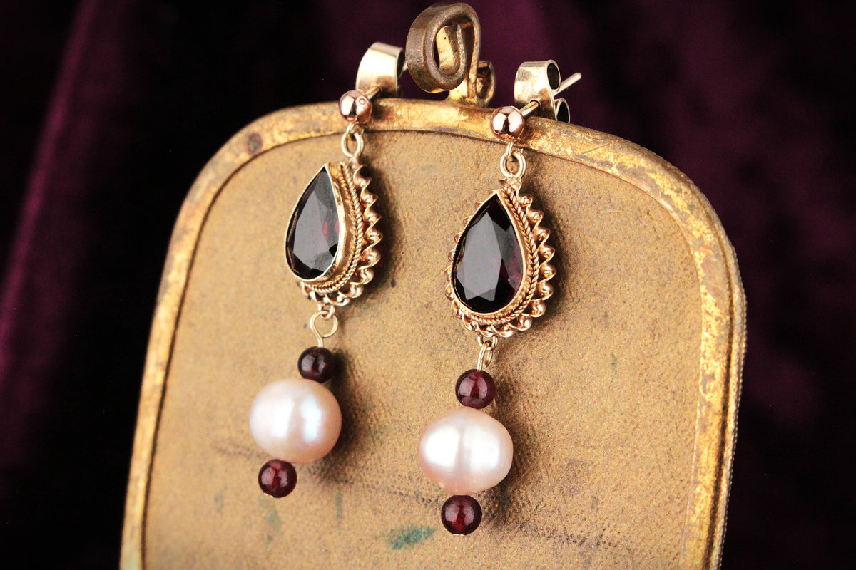 BESPOKE GARNET &amp; PEARL EARRINGS 9ct GOLD