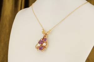 VINTAGE MID CENTURY c1960 AMETHYST & PEARL PENDANT ON 9ct YELLOW GOLD