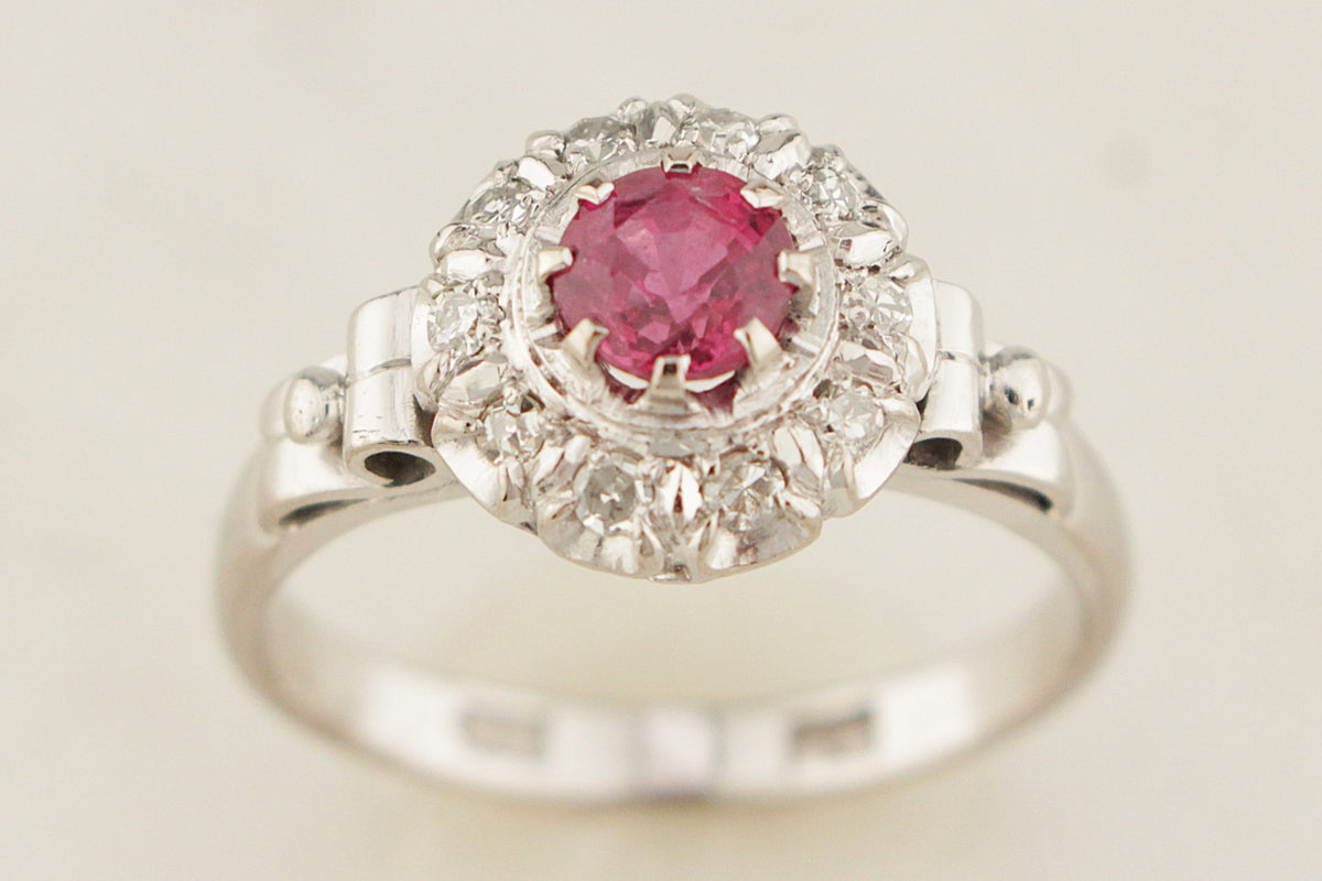 VINTAGE c1930 RUBY &amp; DIAMOND HALO RING 18ct GOLD