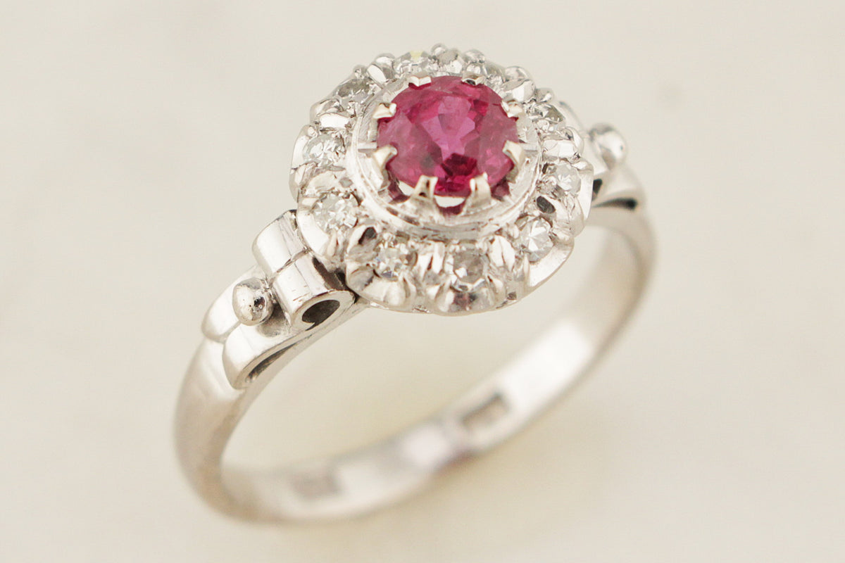 VINTAGE c1930 RUBY &amp; DIAMOND HALO RING 18ct GOLD