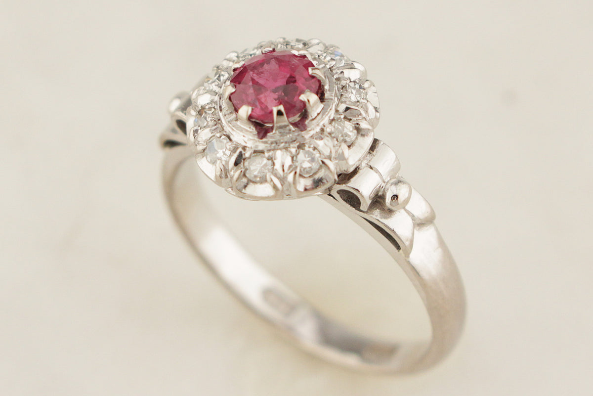 VINTAGE c1930 RUBY &amp; DIAMOND HALO RING 18ct GOLD