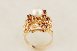 VINTAGE MID CENTURY c1960 PEARL & GARNET RING 9ct GOLD