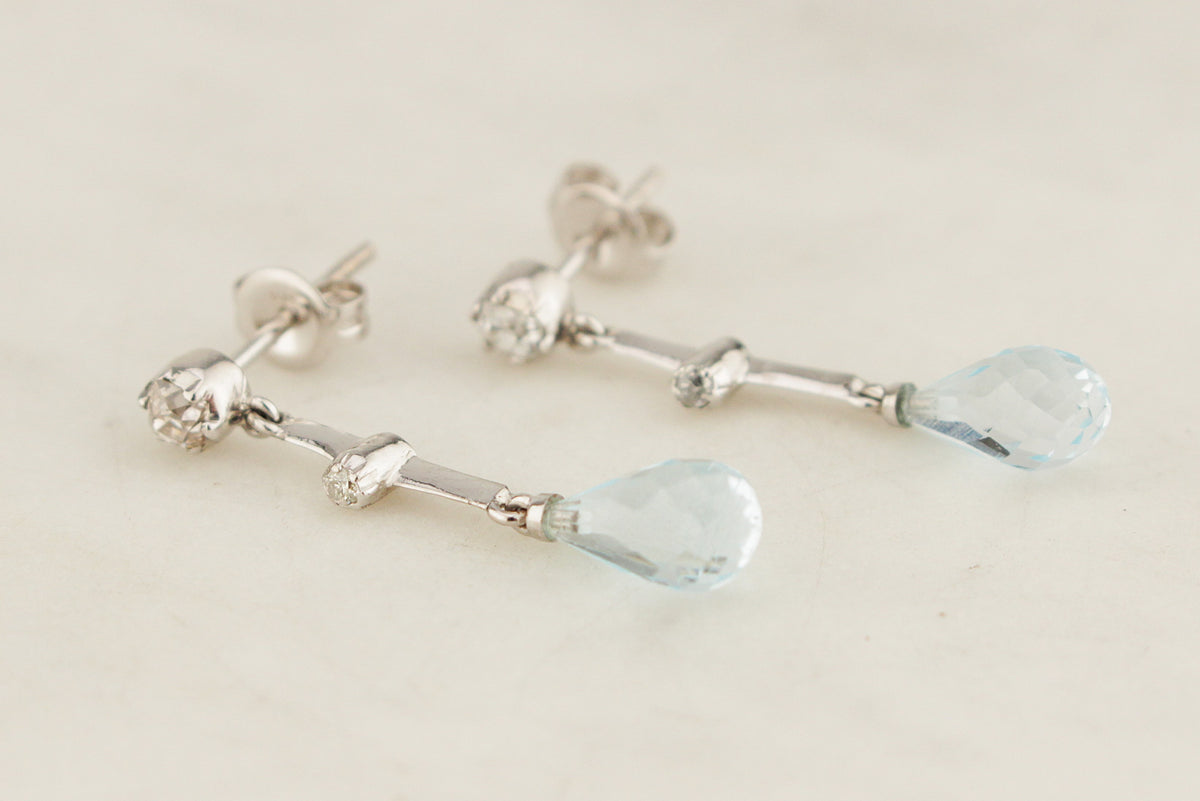 ANTIQUE c1920 DIAMOND &amp; TOPAZ EARRINGS 9ct WHITE GOLD