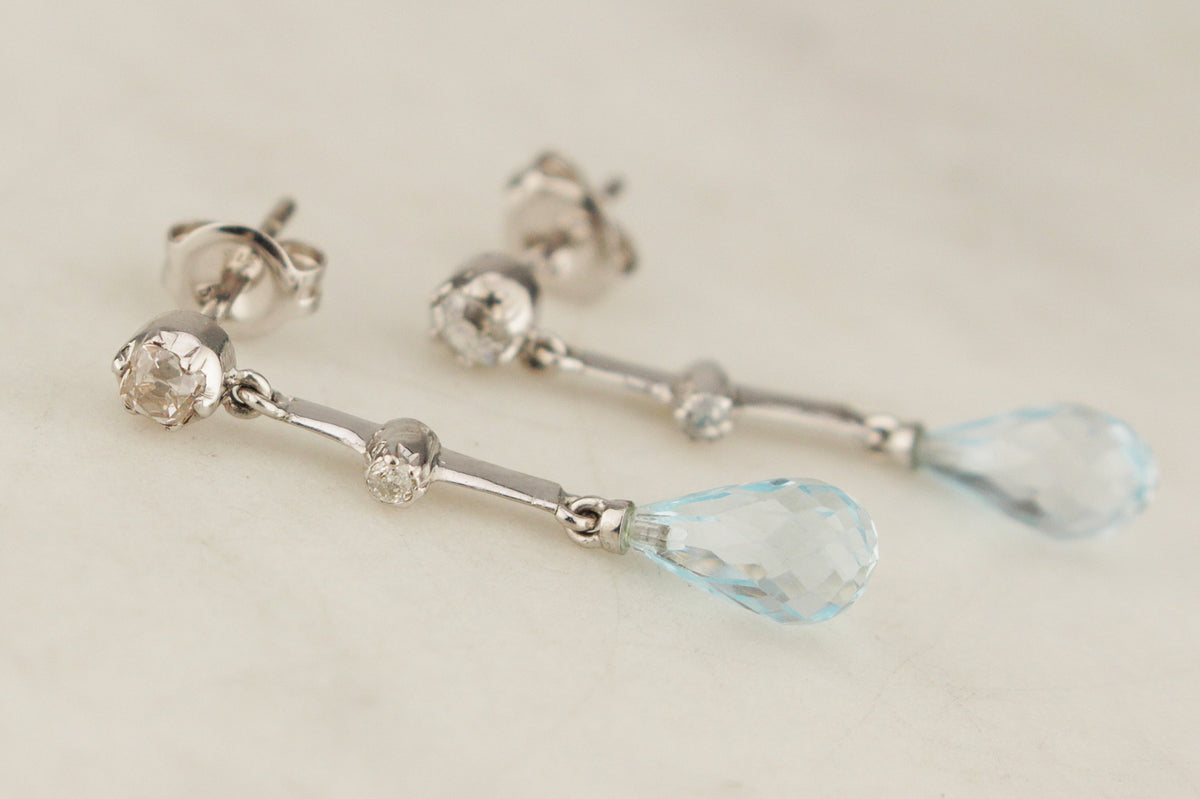 ANTIQUE c1920 DIAMOND &amp; TOPAZ EARRINGS 9ct WHITE GOLD