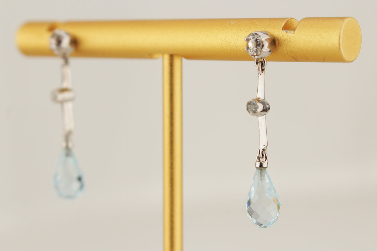 ANTIQUE c1920 DIAMOND &amp; TOPAZ EARRINGS 9ct WHITE GOLD