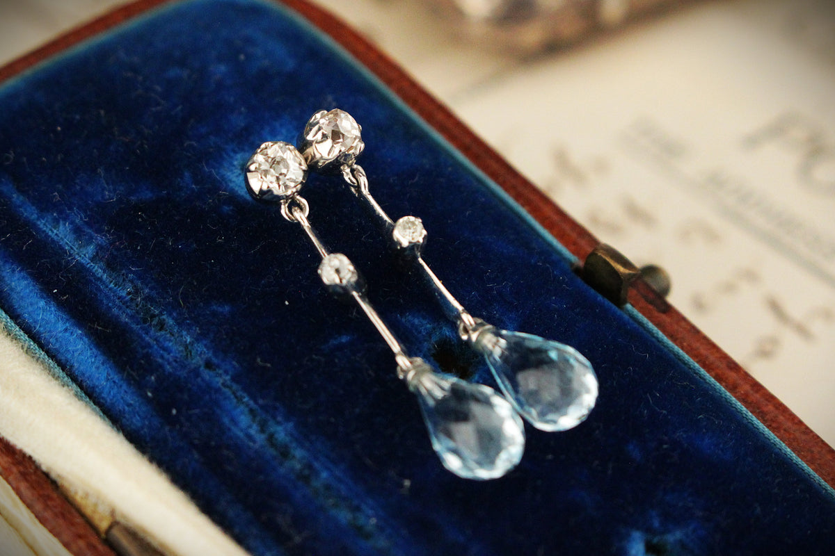 ANTIQUE c1920 DIAMOND &amp; TOPAZ EARRINGS 9ct WHITE GOLD