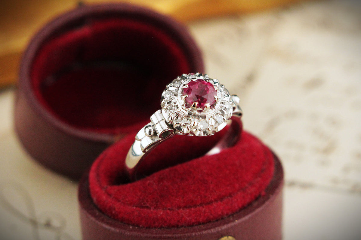 VINTAGE c1930 RUBY &amp; DIAMOND HALO RING 18ct GOLD