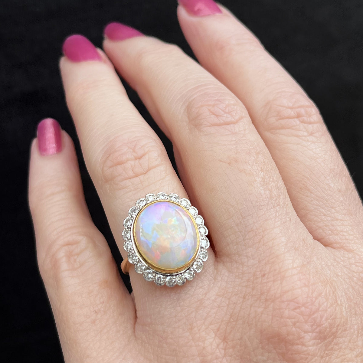 VINTAGE c1930/40 SOLID OPAL &amp; DIAMOND RING 18ct GOLD