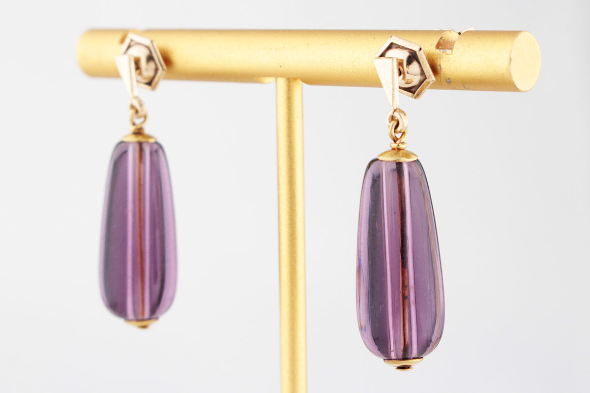 VINTAGE ART DECO c1930’s AMETHYST BULLET EARRINGS 9ct GOLD