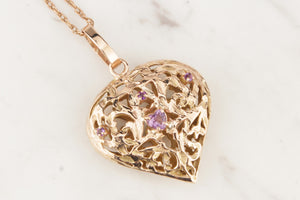 ANTIQUE EDWARDIAN c1915-20 AMETHYST FILIGREE HEART PENDANT ON 9ct YELLOW GOLD