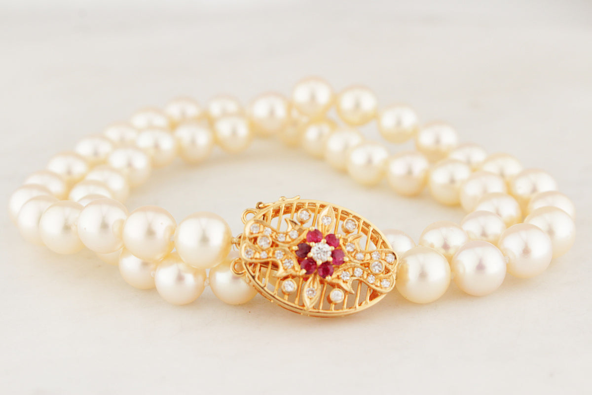 VINTAGE c1940 RUBY DIAMOND &amp; PEARL SINGLE STRAND 18ct GOLD