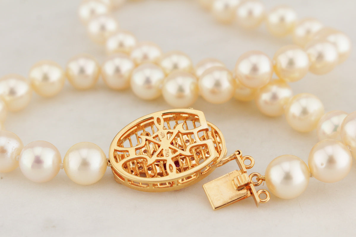 VINTAGE c1940 RUBY DIAMOND &amp; PEARL SINGLE STRAND 18ct GOLD