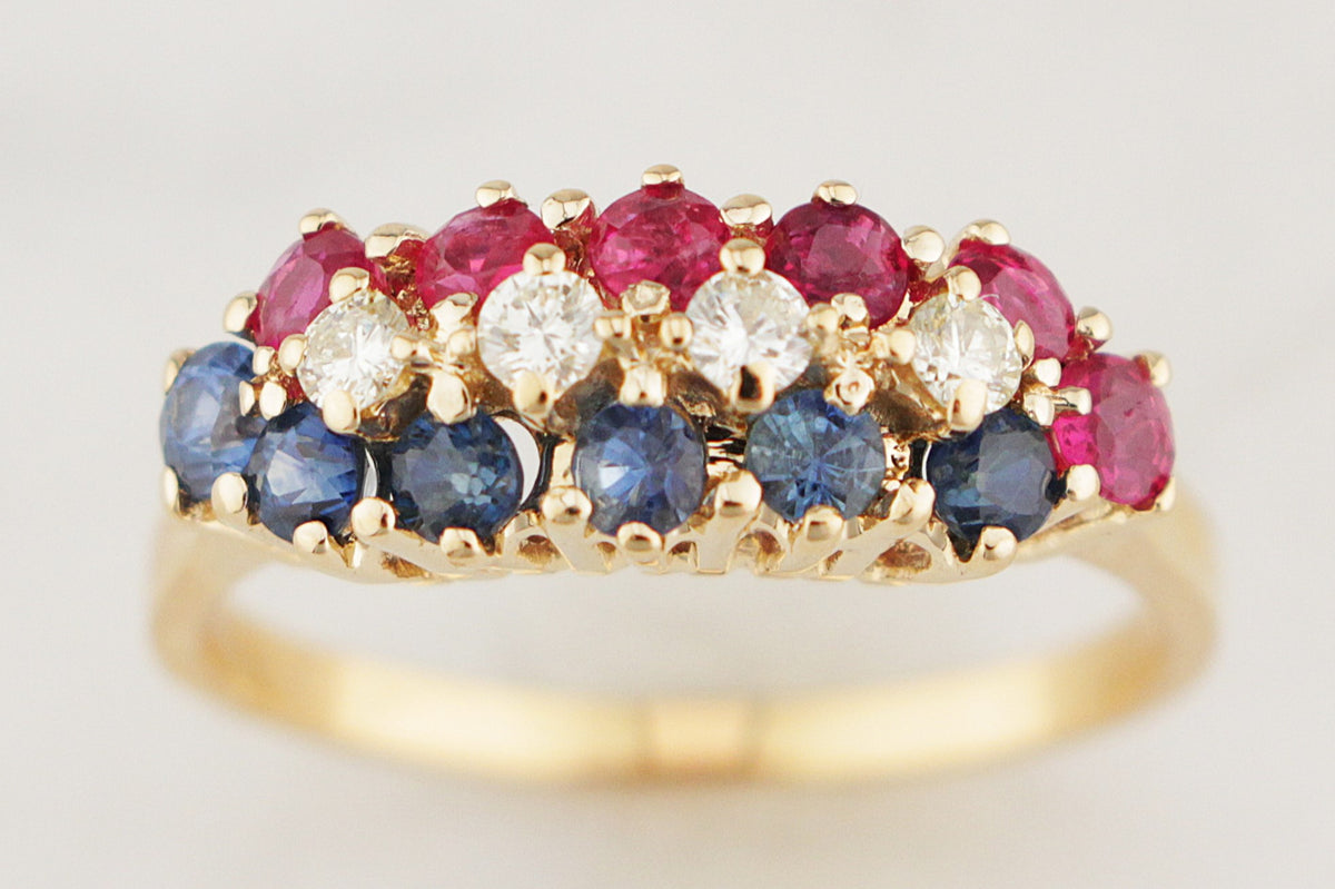 VINTAGE c1950 RUBY, DIAMOND &amp; SAPPHIIRE RING 18ct GOLD