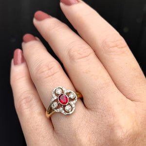 VINTAGE c1940 NATURAL RED SPINEL & DIAMOND RING 18ct YELLOW & WHITE GOLD