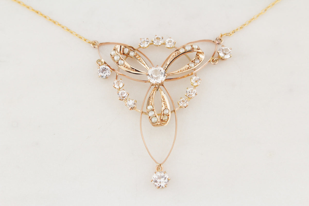 ANTIQUE AUSTRALIAN c1900 SAPPHIRE &amp; SEED PEARL LAVALIERE 9ct GOLD
