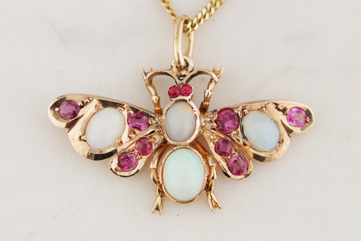 ANTIQUE EDWARDAIN c1900 OPAL & RUBY BUTTERFLY PENDANT 9ct GOLD