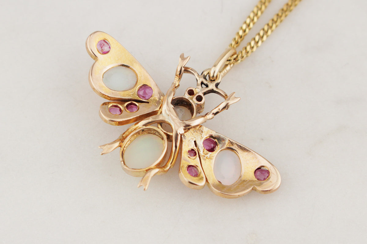 ANTIQUE EDWARDAIN c1900 OPAL & RUBY BUTTERFLY PENDANT 9ct GOLD