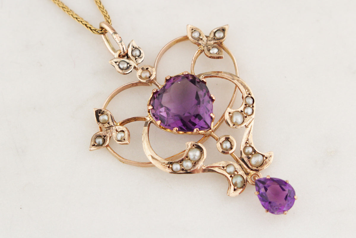 ANTIQUE AUSTRALIAN 1871 AMETHYST & SEED PEARL PENDANT 9ct GOLD