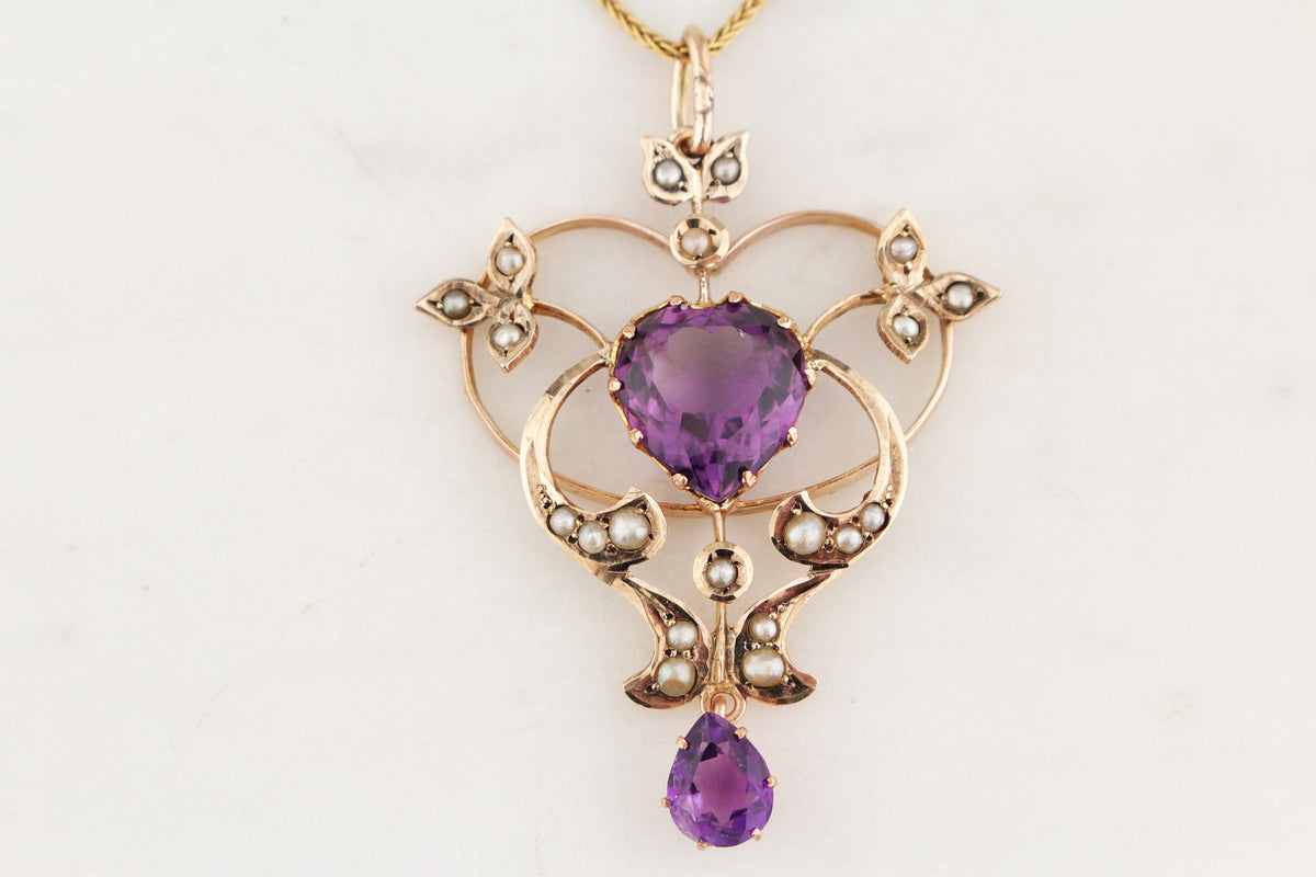 ANTIQUE AUSTRALIAN 1871 AMETHYST & SEED PEARL PENDANT 9ct GOLD