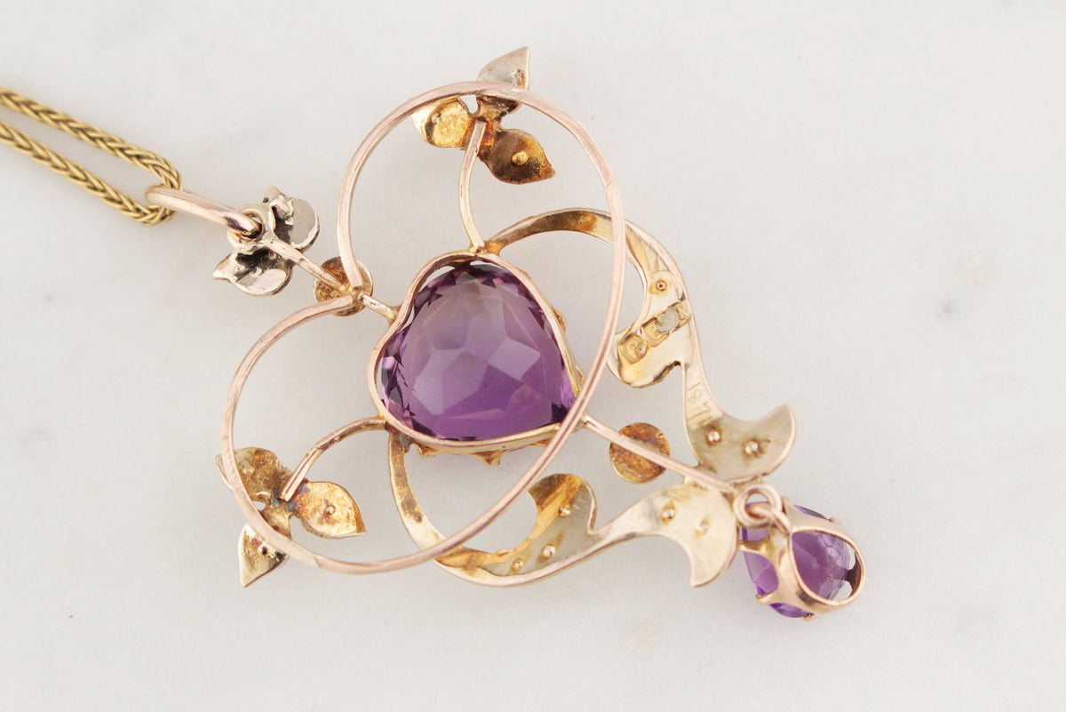 ANTIQUE AUSTRALIAN 1871 AMETHYST & SEED PEARL PENDANT 9ct GOLD