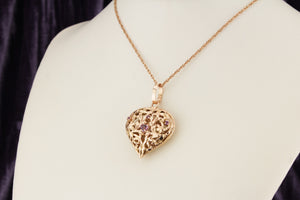 ANTIQUE EDWARDIAN c1915-20 AMETHYST FILIGREE HEART PENDANT ON 9ct YELLOW GOLD