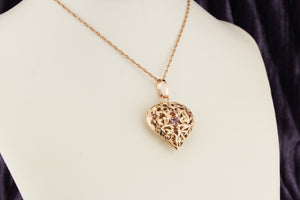 ANTIQUE EDWARDIAN c1915-20 AMETHYST FILIGREE HEART PENDANT ON 9ct YELLOW GOLD