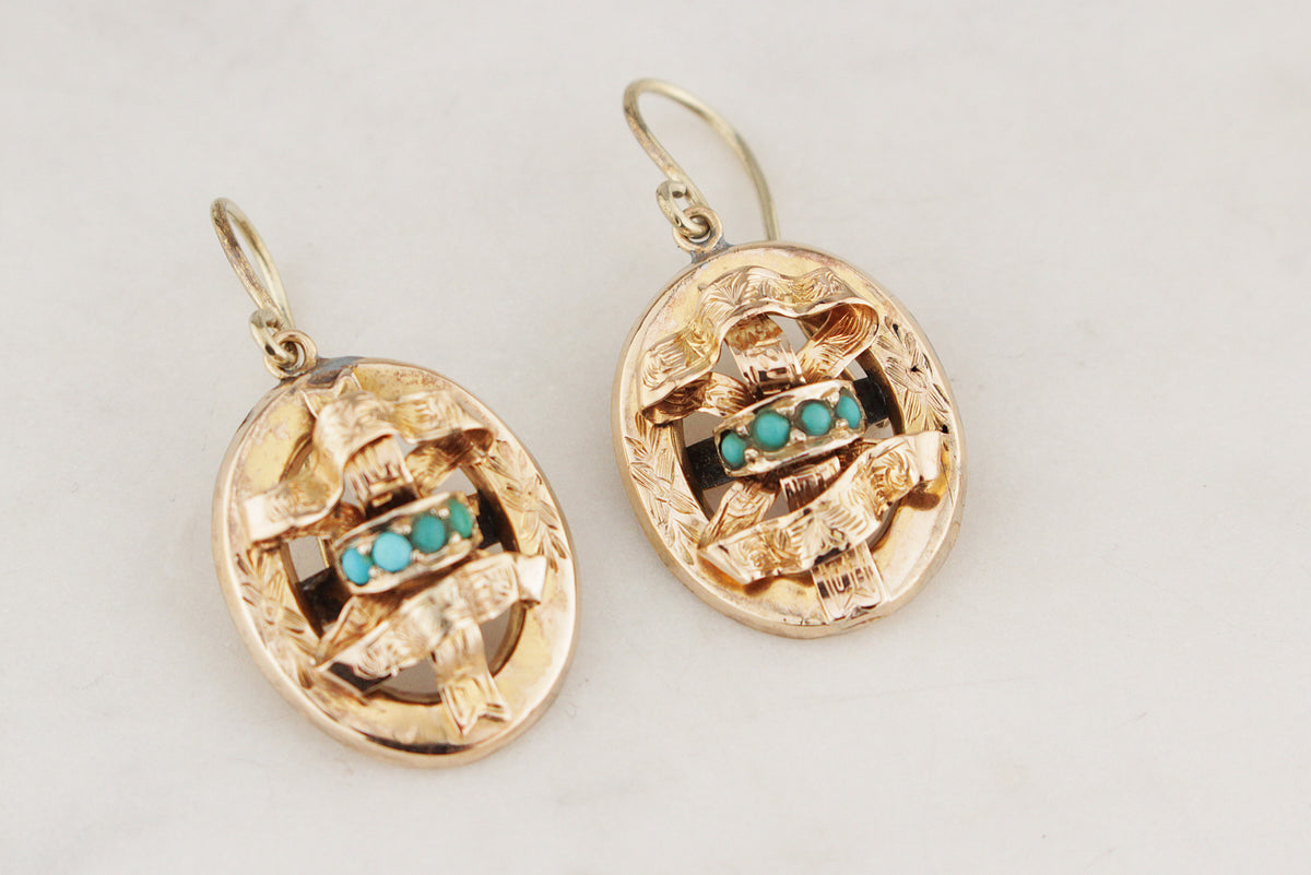 ANTIQUE VICTORIAN c1840-60 TURQUOISE EARRINGS 9ct GOLD