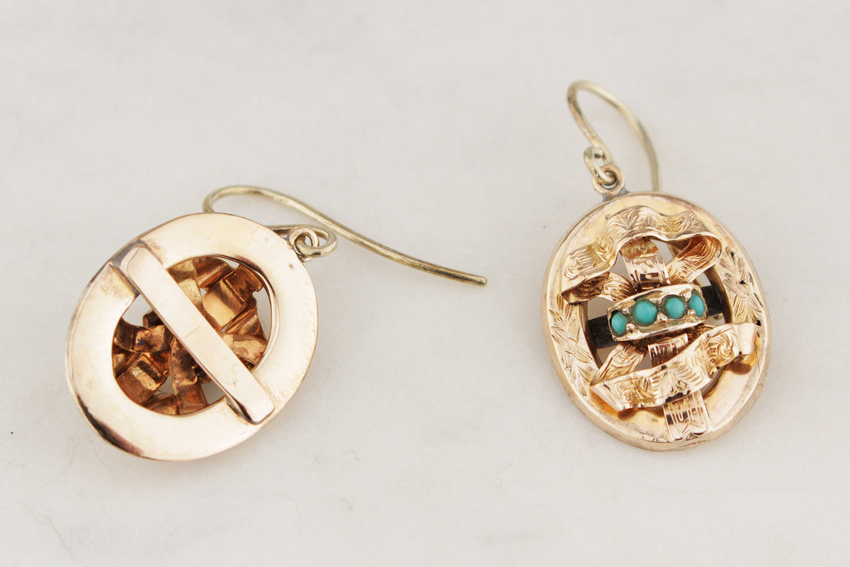 ANTIQUE VICTORIAN c1840-60 TURQUOISE EARRINGS 9ct GOLD