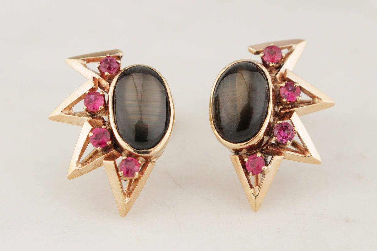 VINTAGE c1940 STAR SAPPHIRE &amp; RUBY EARRINGS 14ct GOLD